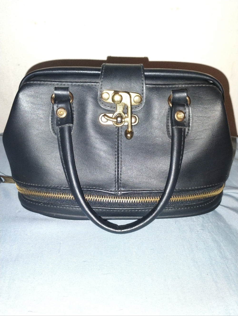 Vintage Black Leather Top-Handle Satchel with Gold Hardware